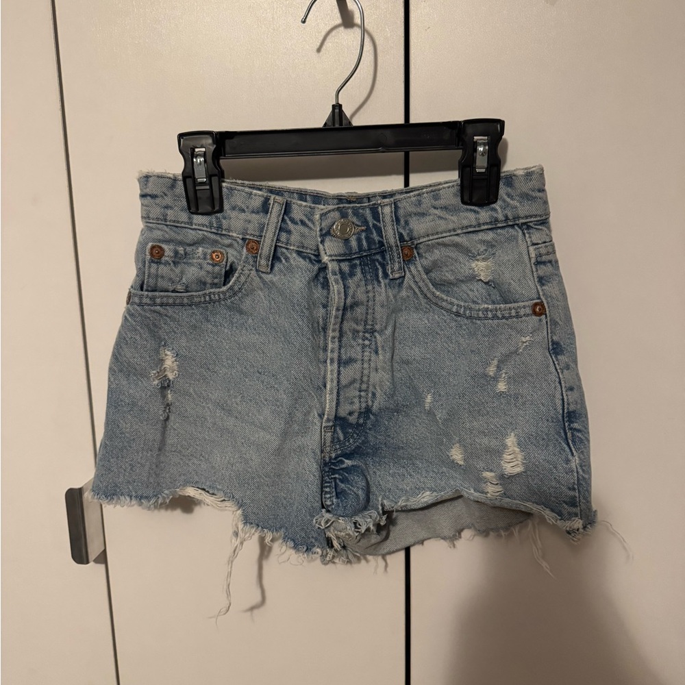 Zara High Waisted Distressed Denim Shorts - Light Blue